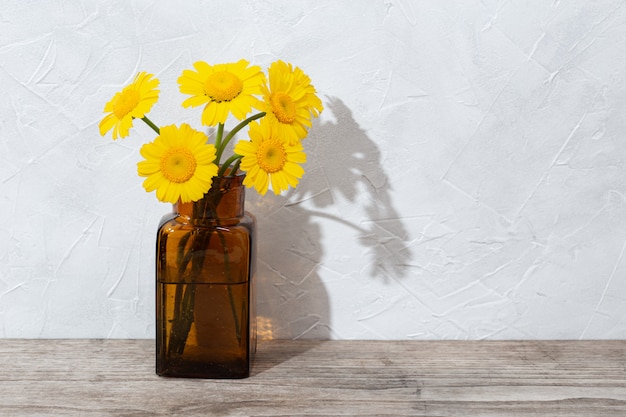 Bei fiori gialli in bottiglia ambrata sulla tavola di legno. Sfondo scena di primavera. Copia spazio