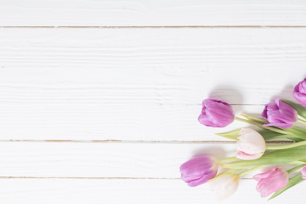 Bei tulipani su fondo di legno bianco