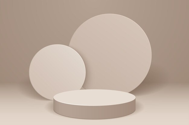 Beige cylinder pedestal podium. Ring shape with pastel color backdrop. Cosmetic product display presentation.