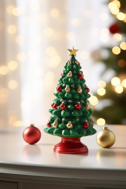 Bel albero di Natale con regali sul tavolo in una stanza decorata per Natale