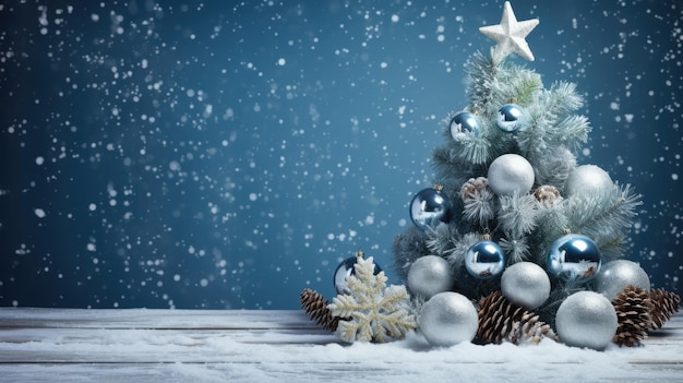 Bel albero di Natale decorato in un paesaggio invernale freddo innevato