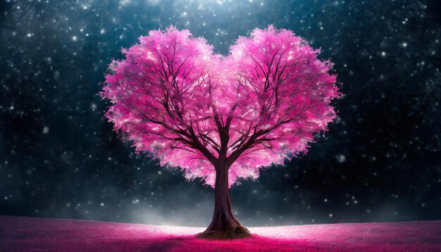 Bel albero rosa a forma di cuore sul prato Cielo stellato Mondo fantastico Amore Giorno di San Valentino