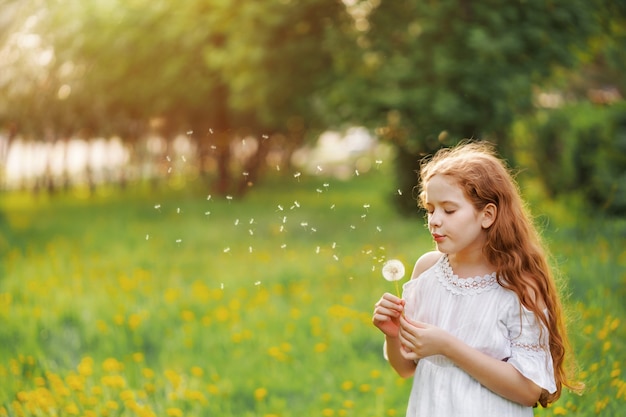 Bel bambino che soffia il dente di leone nel parco