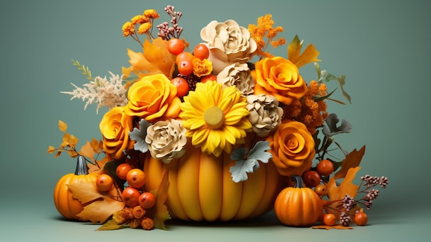 Bel bouquet d'autunno in zucca su sfondo colorato