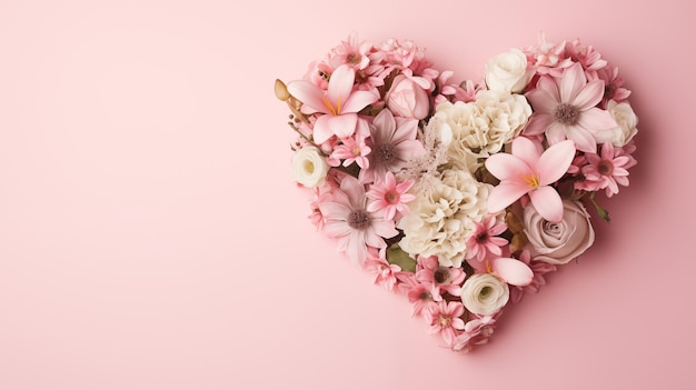 Bel bouquet di fiori a forma di cuore su sfondo rosa Valentino giorno delle madri giorno delle donne.