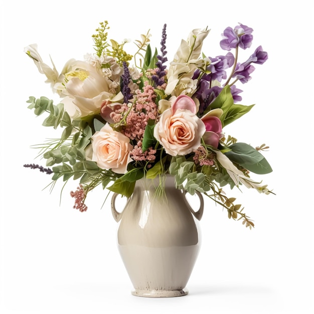 Bel bouquet di fiori che sbocciano in un vaso vintage isolato su sfondo bianco decorazioni per la casa in stile country e interior design generativo ai