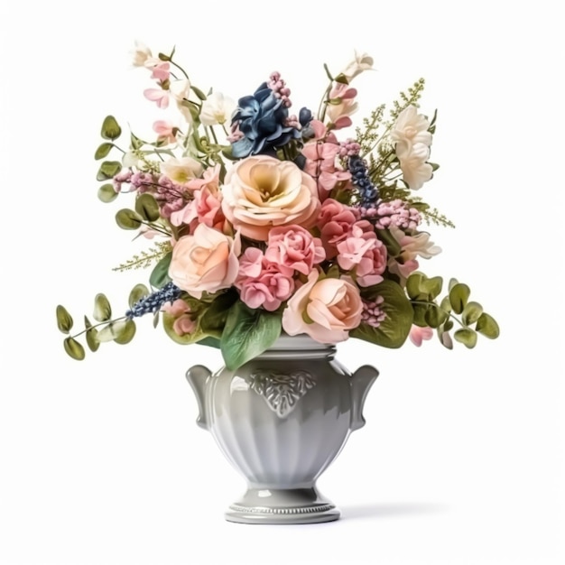 Bel bouquet di fiori che sbocciano in un vaso vintage isolato su sfondo bianco decorazioni per la casa in stile country e interior design generativo ai