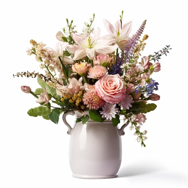 Bel bouquet di fiori che sbocciano in un vaso vintage isolato su sfondo bianco decorazioni per la casa in stile country e interior design generativo ai