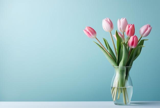 Bel bouquet di fiori di tulipani rosa in un vaso su sfondo rosa