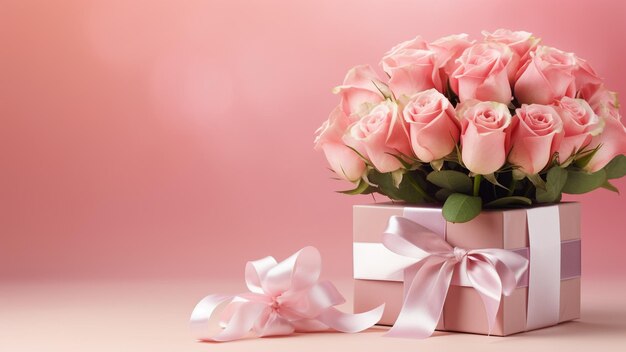 Bel bouquet di fiori rose rosa in vaso e scatola regalo con arco di satin su sfondo rosa pastello