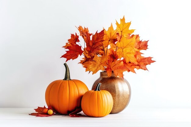 Bel bouquet di foglie d'autunno in vaso accanto a una piccola zucca spazio vuoto su sfondo bianco IA generativa