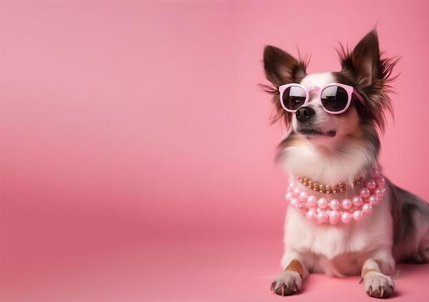 Bel cane con occhiali da sole e senza collo su sfondo rosa Copia spazio per il testo Aspetto alla moda essere alla moda Stile e moda Animali domestici alla moda Accessori per gioielli AI generativa