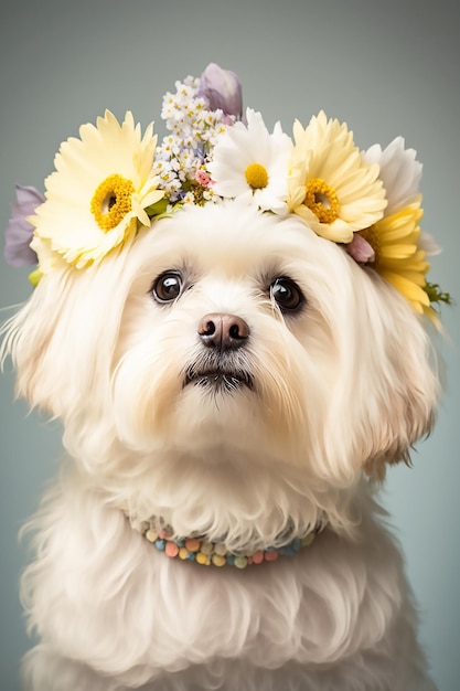 Bel cane della razza cagnolino maltese in una corona di fiori sulla sua testa su uno sfondo chiaro