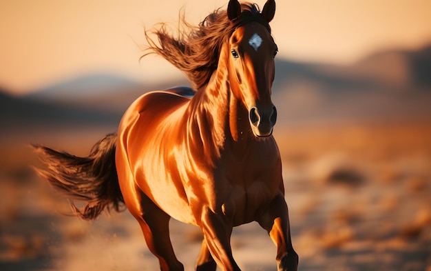 Bel cavallo al galoppo nel prato al tramonto