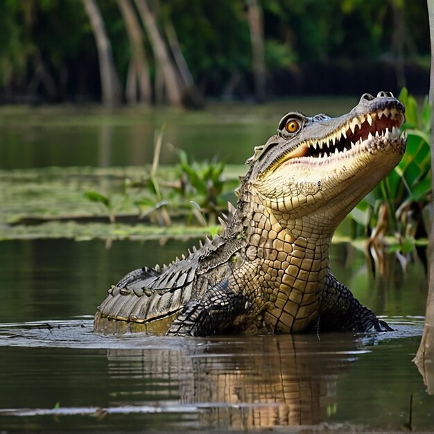 Bel coccodrillo in piedi a Sundarban del Bangladesh immagine fotografica Ai generata arte