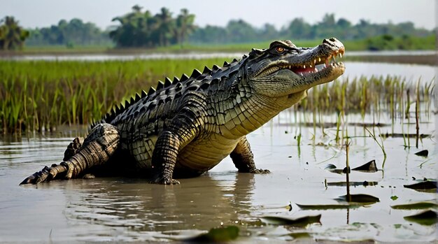 Bel coccodrillo in piedi a Sundarban del Bangladesh immagine fotografica Ai generata arte