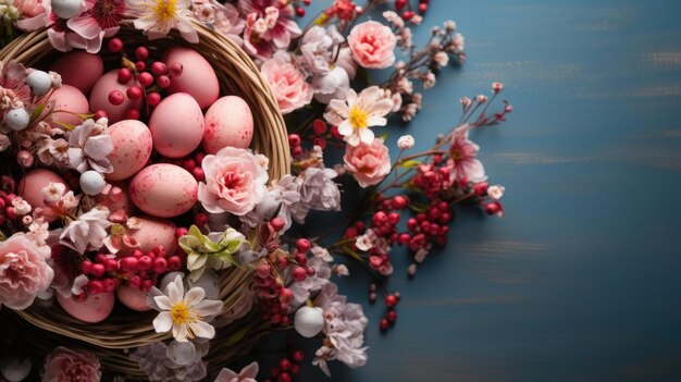 bel concetto di sfondo per il giorno di Pasqua con uova rosa e fiori