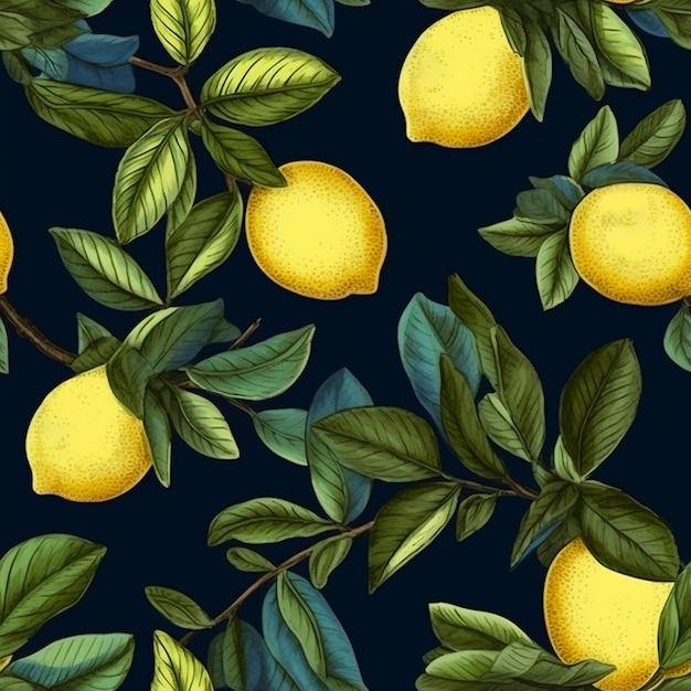 Bel disegno senza cuciture limoni gialli su sfondo nero in stile vintage