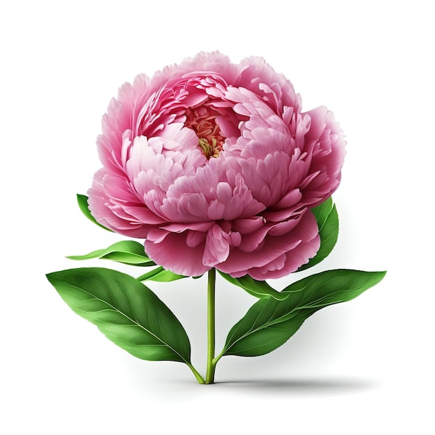 Bel fiore di peonia rosa con foglie verdi fresche isolate