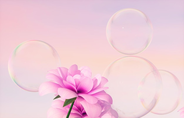 Bel fiore di rosa rosa e bolle di sapone sul rendering 3d di sfondo cielo sognante