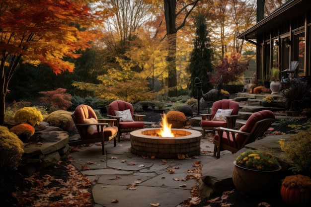 Bel giardino autunnale cortile residenziale con sedie all'aperto e focolare con fiamma autunno accogliente