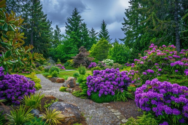 Bel giardino con rododendri viola