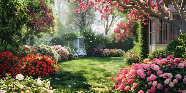 Bel giardino domestico in pieno fiore sullo sfondo Ai Generato