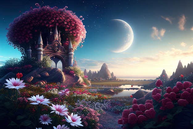 Bel giardino fiorito con la luna nel cielo Bellissimo scenario di sfondo