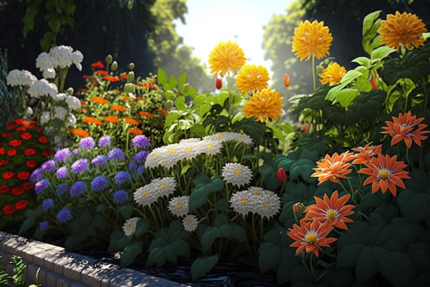 Bel giardino pieno di fiori belli e colorati Illustrazione generativa ai