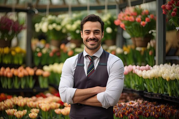 bel giovane giardiniere fiorista che posa in serra proprietario di una piccola azienda in un negozio di fiori