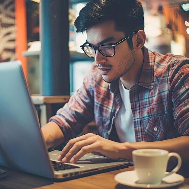 Bel giovane in occhiali utilizzando il computer portatile mentre è seduto al caffè