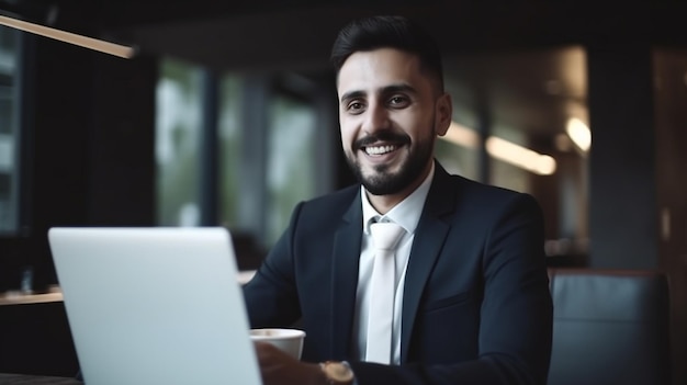 Bel giovane uomo d'affari con laptop e sorridente e funzionante IA generativa