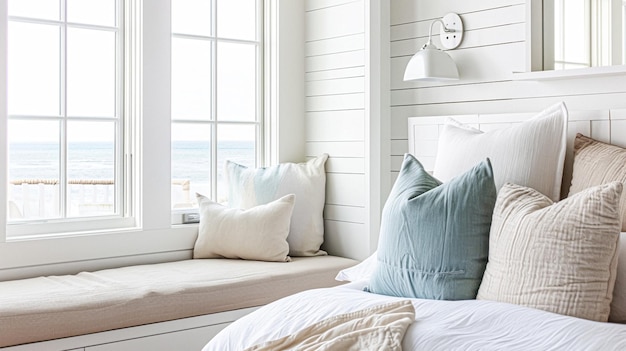 Bel interno di camera da letto di lusso con finestra vista mare concetto di cottage costiero