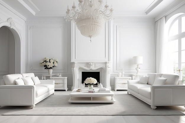 Bel interno di salotto bianco mobili di lusso bianchi con pareti bianche