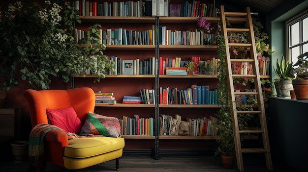 bel interno di una biblioteca con un camino e un libro