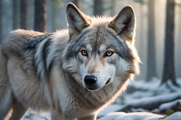 Bel lupo della tundra dell'Alaska da vicino con una foresta nebbiosa in lontananza