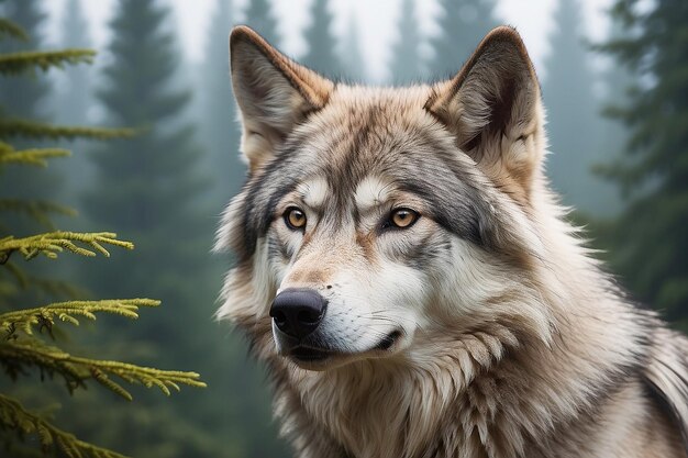 Bel lupo della tundra dell'Alaska da vicino con una foresta nebbiosa in lontananza