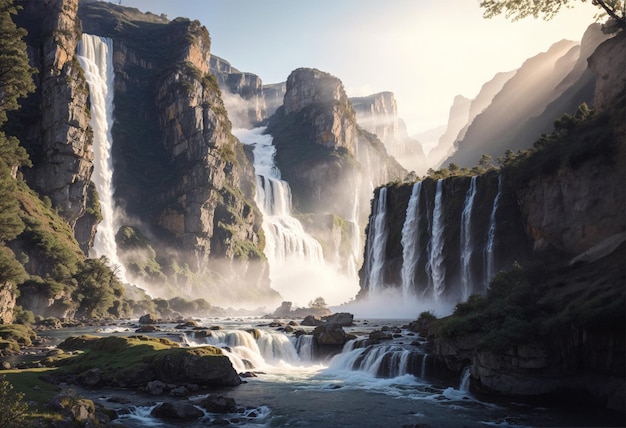 Bel paesaggio di cascate al mattino