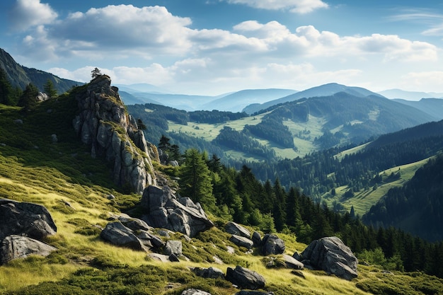 Bel paesaggio di montagna estivo con prato verde e cielo blu