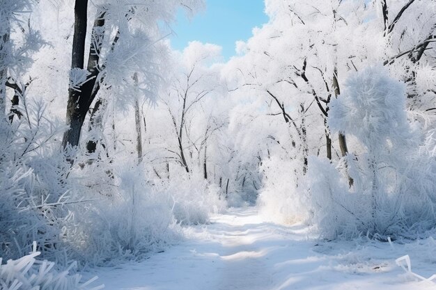 Bel paesaggio di un sentiero in una foresta con alberi coperti di gelo