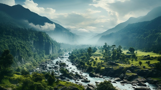 Bel paesaggio di una foresta pluviale della giungla con fiume e nebbia sopra l'albero