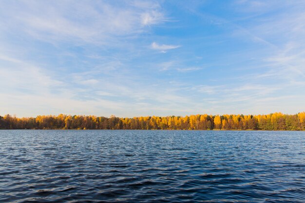 Bel paesaggio. Grande lago nella foresta di autunno. Natura autunnale