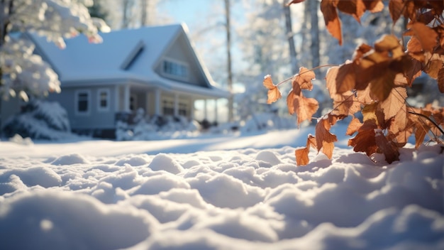 Bel paesaggio invernale con alberi coperti di neve e casa in una giornata di sole