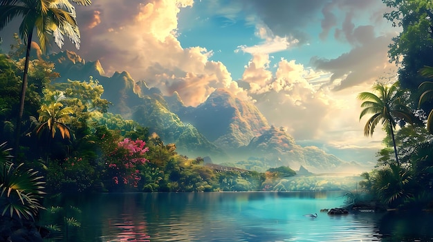 Bel paesaggio paradisiaco immagine cielo e nuvole natura erba prato fiume sfondo carta da parati