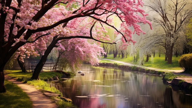 Bel paesaggio primaverile con alberi in fiore nel parco