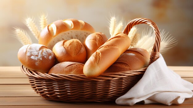 Bel pane e rotoli in cesto di vimini isolati su bianco