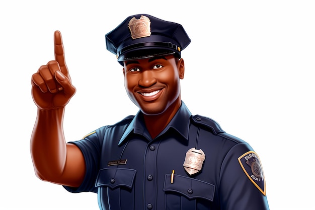 Bel poliziotto uomo nero cartone animato su sfondo bianco isolato Immagini per bambini generate dall'intelligenza artificiale