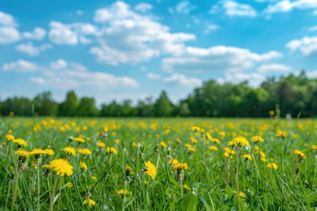 Bel prato con erba fresca e fiori di dente di leone gialli