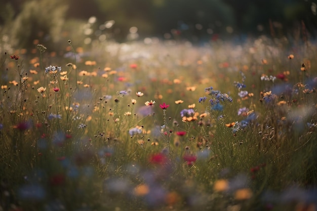 Bel prato con fiori colorati nella luce del tramonto