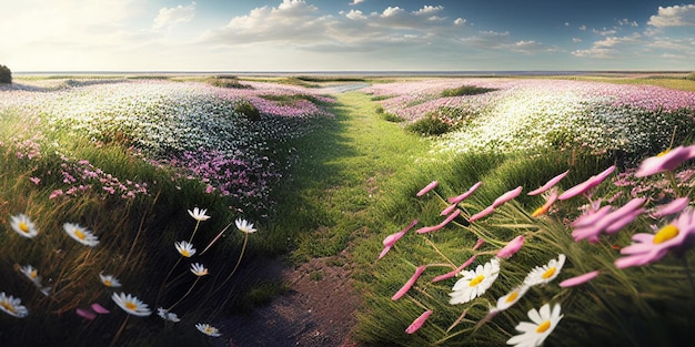 Bel prato di campo di fiori in primavera e cielo blu in una giornata di sole IA generativa